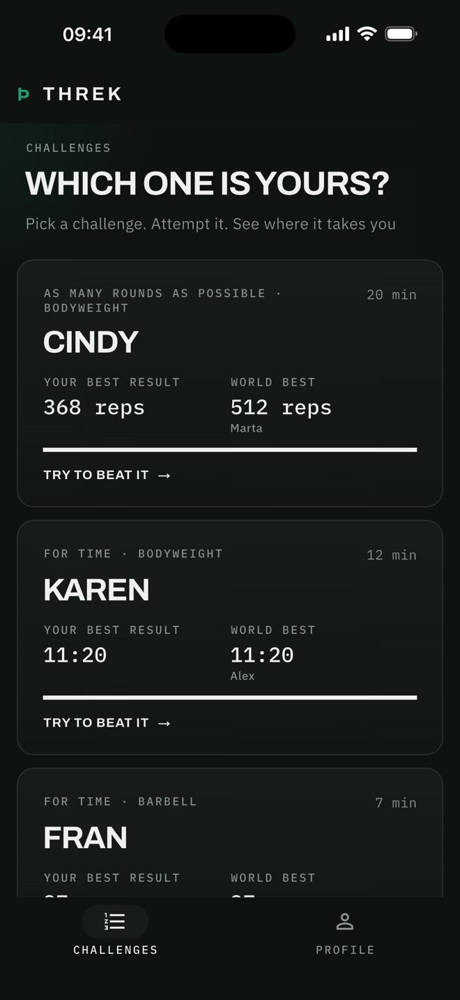 The Threk challenge list: each challenge with your best result and the world best