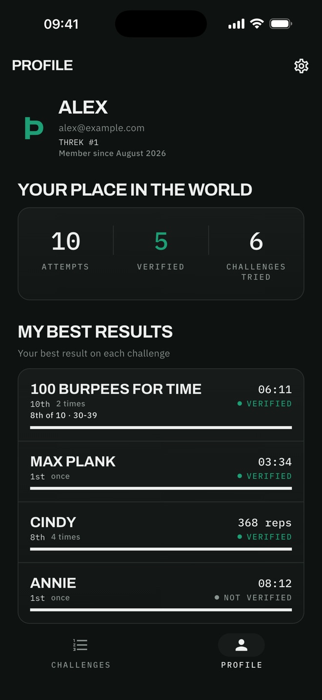 A Threk profile: attempts, verified results and the best result on each challenge